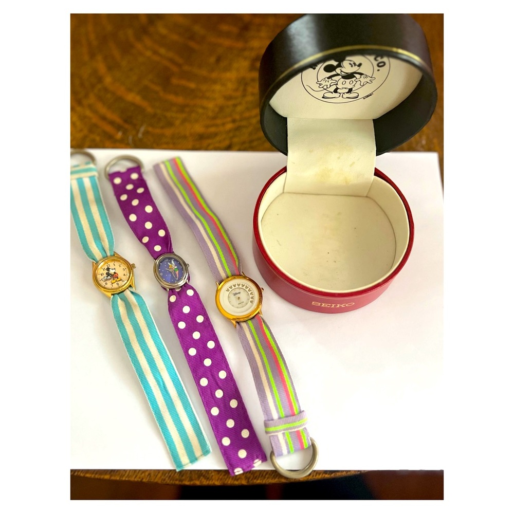 Mickey Mouse & Tinker-bell Seiko watch set with ribbon wrist bands.
